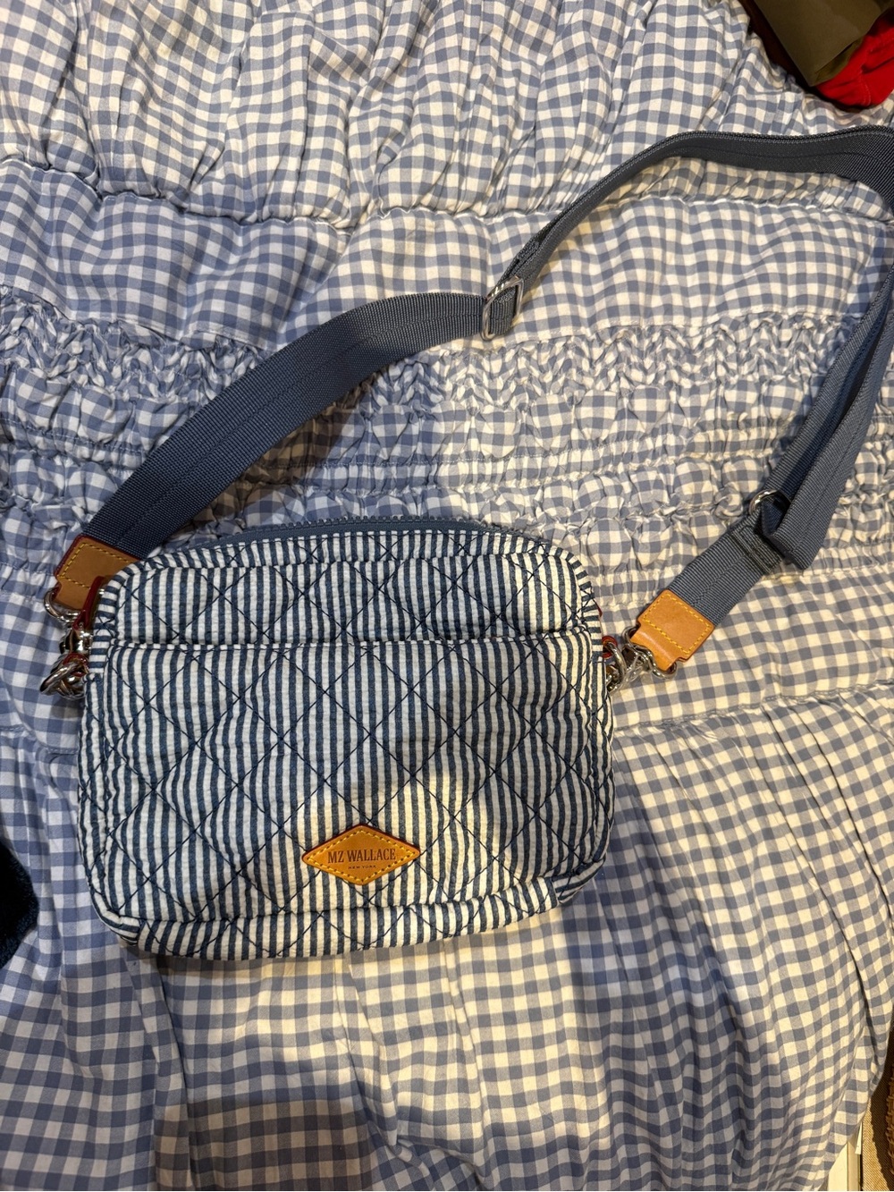 MZ Wallace Quilted Striped Crossbody in Navy and White with Tan Accents
